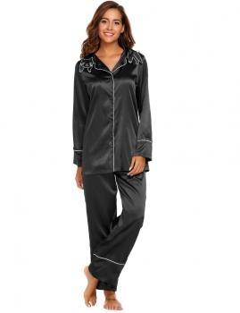 Black Women Casual Turn-down Collar Long Sleeve Elastic Waist Cat Shape Embroidery Pajama Sets, Multicolor
Black Women Casual Turn-down Collar Long Sleeve Elastic Waist Cat Shape Embroidery Pajama Sets, Multicolor
