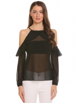 Black Women Cold Shoulder Ruffle Spaghetti Strap Long Sleeve Solid Chiffon Blouse, Multicolor
Black Women Cold Shoulder Ruffle Spaghetti Strap Long Sleeve Solid Chiffon Blouse, Multicolor