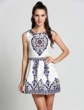 White O-Neck Print Sundress Sleeveless Slim A-Line Casual Dress, Multicolor
White O-Neck Print Sundress Sleeveless Slim A-Line Casual Dress, Multicolor
