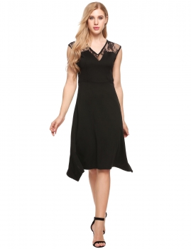 Black V-Neck Sleeveless Lace Patchwork Asymmetrical A-Line Dress, Multicolor
Black V-Neck Sleeveless Lace Patchwork Asymmetrical A-Line Dress, Multicolor