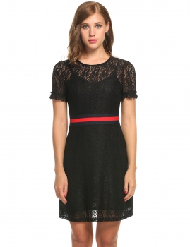 Black Women O-Neck Short Sleeve Contrast Color Lace Patchwork Hollow Out Pleated Evening Casual Dresses, Multicolor 
Black Women O-Neck Short Sleeve Contrast Color Lace Patchwork Hollow Out Pleated Evening Casual Dresses, Multicolor