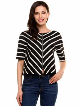 Black Front Back Double Zip Contrast Color Striped O-Neck Short Sleeve Tops, Multicolor
Black Front Back Double Zip Contrast Color Striped O-Neck Short Sleeve Tops, Multicolor
