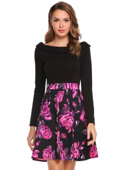 Purple Vintage Style Long Sleeve Floral Patchwork Short Dress, Multicolor 
Purple Vintage Style Long Sleeve Floral Patchwork Short Dress, Multicolor