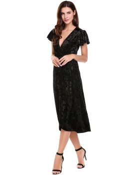 Black V Neck Short Ruffle Sleeve Solid Lint Elastic Pleated Maxi Dress, Multicolor
Black V Neck Short Ruffle Sleeve Solid Lint Elastic Pleated Maxi Dress, Multicolor