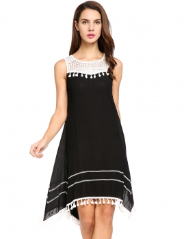 Black O-Neck Sleeveless Lace Patchwork Chiffon A-Line Tassel Casual Dress, Multicolor
Black O-Neck Sleeveless Lace Patchwork Chiffon A-Line Tassel Casual Dress, Multicolor