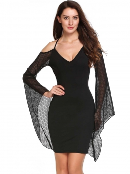 Black Flare Sleeve Chiffon Patchwork Cold Shoulder Spaghetti Strap Dress, Multicolor
Black Flare Sleeve Chiffon Patchwork Cold Shoulder Spaghetti Strap Dress, Multicolor
