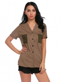 Army green Women Fashion V-Neck Short Sleeve Patchwork Button Dip Hem Tops, Multicolor
Army green Women Fashion V-Neck Short Sleeve Patchwork Button Dip Hem Tops, Multicolor