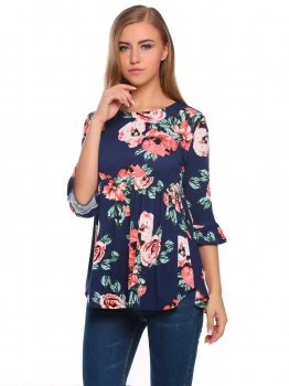 Navy blue Flare Sleeve O-Neck 3"4 Prints A-Line Ruffle Hem Loose Tops, Multicolor
Navy blue Flare Sleeve O-Neck 3"4 Prints A-Line Ruffle Hem Loose Tops, Multicolor