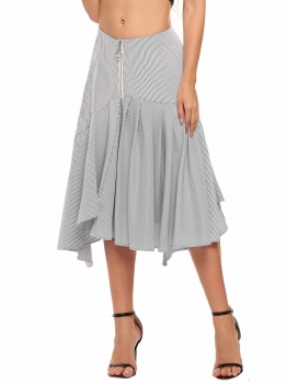 Grey Mid Waist Striped Asymmetric Zipper Midi Skirt, Multicolor