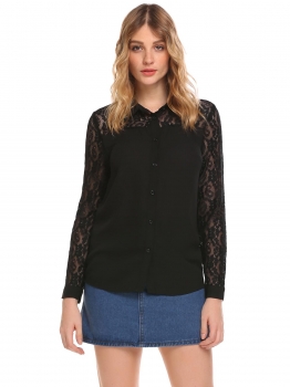 Black Women Long Sleeve Turn Down Collar Chiffon Lace Patchwork Button Shirts, Multicolor
Black Women Long Sleeve Turn Down Collar Chiffon Lace Patchwork Button Shirts, Multicolor