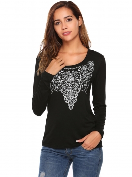 Black O-Neck Long Sleeve Print Casual Tops, Multicolor