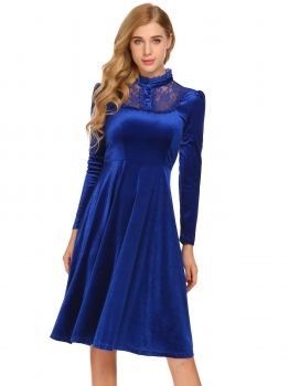 Royal Blue Women Stand Neck Long Sleeve Lace Patchwork Half Button Up Pleated Velvet Casual Dress, Multicolor
Royal Blue Women Stand Neck Long Sleeve Lace Patchwork Half Button Up Pleated Velvet Casual Dress, Multicolor