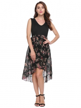 Black Floral High Low Ruffles Hem Dress, Multicolor 
Black Floral High Low Ruffles Hem Dress, Multicolor