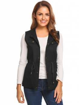 Black Women Stand Collar Button Down Drawstring Waist Casual Military Vest, Multicolor
Black Women Stand Collar Button Down Drawstring Waist Casual Military Vest, Multicolor