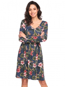 Navy blue Women V-Neck Long Sleeve Ruched Waist Floral Print Casual Dress, Multicolor
Navy blue Women V-Neck Long Sleeve Ruched Waist Floral Print Casual Dress, Multicolor