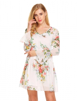 White Women Bohemian V-Neck Flare Sleeve Floral Chiffon Loose Fit Casual Dress, Multicolor
White Women Bohemian V-Neck Flare Sleeve Floral Chiffon Loose Fit Casual Dress, Multicolor