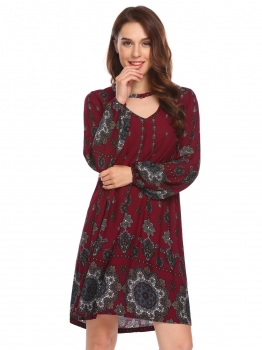 Wine red Button Choker Neck Keyhole Pleated Floral Print Party Dress, Multicolor
Wine red Button Choker Neck Keyhole Pleated Floral Print Party Dress, Multicolor