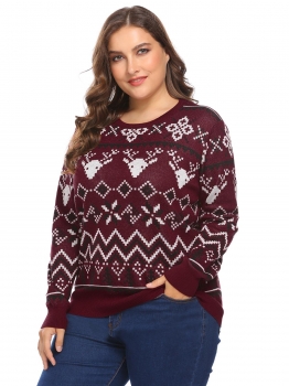 Wine red Women Plus Size O-Neck Long Sleeve Christmas Geometric Casual Pullover Sweater, Multicolor
Wine red Women Plus Size O-Neck Long Sleeve Christmas Geometric Casual Pullover Sweater, Multicolor