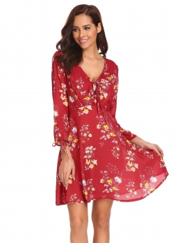 Wine red Women Fashion V-Neck Long Sleeve Floral Slim Waist A-Line Dress, Multicolor
Wine red Women Fashion V-Neck Long Sleeve Floral Slim Waist A-Line Dress, Multicolor