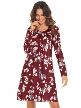 Wine red Women V-Neck Long Sleeve Floral Print Pleated Loose Tunic Dress, Multicolor
Wine red Women V-Neck Long Sleeve Floral Print Pleated Loose Tunic Dress, Multicolor