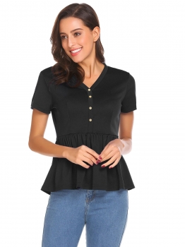 Black Women V-Neck Short Sleeve Button Décor Casual Slim Fit Peplum Top, Multicolor
Black Women V-Neck Short Sleeve Button Décor Casual Slim Fit Peplum Top, Multicolor