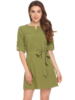 Army green Notched V Neck Long Sleeve Cuffed Sleeves Shirt Dress with Belt, Multicolor
Army green Notched V Neck Long Sleeve Cuffed Sleeves Shirt Dress with Belt, Multicolor