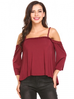 Wine red Women Spaghetti Strap Cold Shoulder Flare Sleeve Lace Trim Loose Blouse Tops, Multicolor
Wine red Women Spaghetti Strap Cold Shoulder Flare Sleeve Lace Trim Loose Blouse Tops, Multicolor