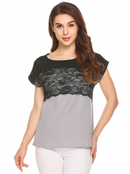 Gray Women Round Collar Batwing Sleeve Lace Patchwork Casual Blouse Top, Multicolor
Gray Women Round Collar Batwing Sleeve Lace Patchwork Casual Blouse Top, Multicolor