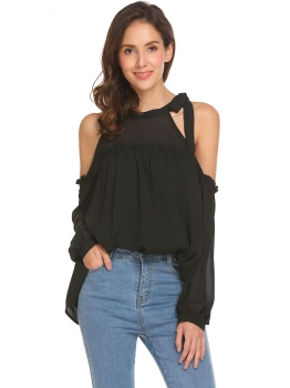 Black Women Halter Cold Shoulder Long Sleeve Ruffles Casual Loose Fit Blouse Top, Multicolor
Black Women Halter Cold Shoulder Long Sleeve Ruffles Casual Loose Fit Blouse Top, Multicolor