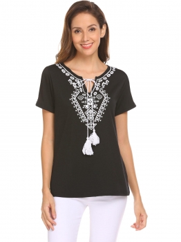 Black Women Loose Short Sleeve Hole Shoulder Print Graphic Tee T-shirt, Multicolor
Black Women Loose Short Sleeve Hole Shoulder Print Graphic Tee T-shirt, Multicolor