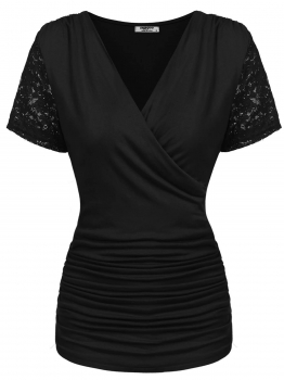 Black Women V-Neck Short Sleeve Cross Front Ruched Lace Patchwork Slim Fit T-Shirt Top, Multicolor
Black Women V-Neck Short Sleeve Cross Front Ruched Lace Patchwork Slim Fit T-Shirt Top, Multicolor