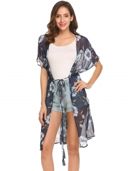 Navy blue Women Batwing Sleeve Drawstring Floral Split Beach Chiffon Long Jackets, Multicolor
Navy blue Women Batwing Sleeve Drawstring Floral Split Beach Chiffon Long Jackets, Multicolor