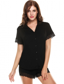 Black Turn Down Collar Short Sleeve Lace Patchwork Slim Pajamas Set, Multicolor
Black Turn Down Collar Short Sleeve Lace Patchwork Slim Pajamas Set, Multicolor