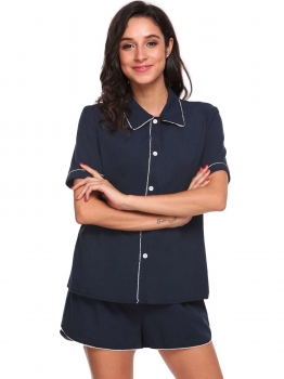 Navy blue Short Sleeve Solid Slim Contrast Color Button Down Pajamas Set, Multicolor
Navy blue Short Sleeve Solid Slim Contrast Color Button Down Pajamas Set, Multicolor