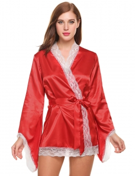 Dark red Satin Long Sleeve Solid Loose Crochet Lace-Trimmed Sleepwear, Multicolor
Dark red Satin Long Sleeve Solid Loose Crochet Lace-Trimmed Sleepwear, Multicolor