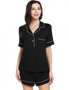 Black Short Sleeve Solid Slim Sleepwear Contrast Color Turn-down Collar Eco-Friendly Comfortable Nightwear Pajamas Set, Multicolor
Black Short Sleeve Solid Slim Sleepwear Contrast Color Turn-down Collar Eco-Friendly Comfortable Nightwear Pajamas Set, Multicolor
