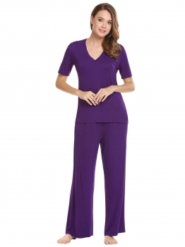 Purple V-Neck Short Sleeve Tops and Solid Elastic Waist Wide Legs Pants Pajama Sets, Multicolor
Purple V-Neck Short Sleeve Tops and Solid Elastic Waist Wide Legs Pants Pajama Sets, Multicolor