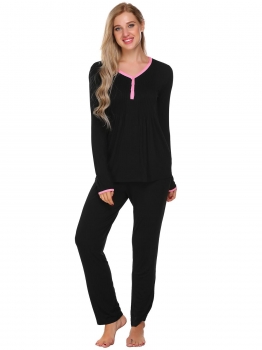 Black Solid V-Neck Long Sleeve Tops with Elastic Waist Pants Pajama Sets, Multicolor
Black Solid V-Neck Long Sleeve Tops with Elastic Waist Pants Pajama Sets, Multicolor