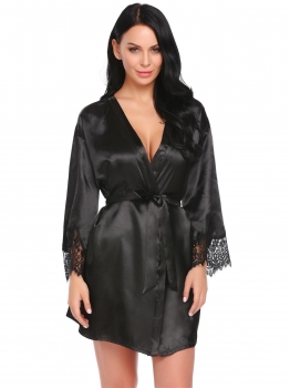 Black Women Casual V-Neck Long Sleeve Lace Satin Patchwork Sexy Nightgown Robe with Belt, Multicolor
Black Women Casual V-Neck Long Sleeve Lace Satin Patchwork Sexy Nightgown Robe with Belt, Multicolor
