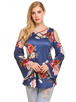 Blue Women Casual V-Neck Crossing Straps Flare Sleeve Cold the Shoulder Prints Sexy Blouse T-shirt Tops, Multicolor
Blue Women Casual V-Neck Crossing Straps Flare Sleeve Cold the Shoulder Prints Sexy Blouse T-shirt Tops, Multicolor