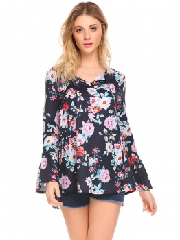 Dark blue Women V Neck Floral Print Flare Long Sleeve Loose Blouses Tops, Multicolor
Dark blue Women V Neck Floral Print Flare Long Sleeve Loose Blouses Tops, Multicolor