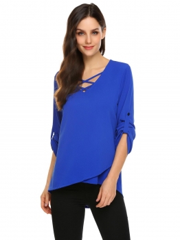 Blue Women Casual Crossing Straps V-Neck Adjustable Sleeve Asymmetrical Hem Solid Chiffon Shirt, Multicolor
Blue Women Casual Crossing Straps V-Neck Adjustable Sleeve Asymmetrical Hem Solid Chiffon Shirt, Multicolor