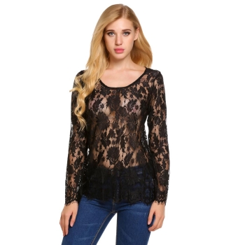 

Black Hollow Lace O-Neck Long Sleeve Tops, Multicolor