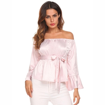 

Black Solid Off the Shoulder Flare Sleeve Belted Satin Top, Multicolor