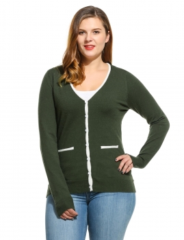 

Army green V-Neck Long Sleeve Contrast Color Plus Size Cardigan, Multicolor