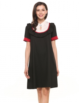 

Black Stand Collar Short Cuffed Sleeve Contrast Color Rhinestone Ruffle Brims Dress, Multicolor