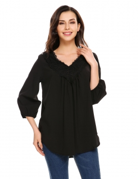 

Black Long Sleeve V Neck Lace Patchwork Loose Pullover Chiffon Blouse, Multicolor