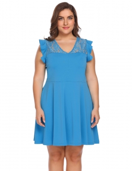 

Blue Plus Size V-Neck Flutter Sleeve Lace Patchwork Fit and Flare Dress, Multicolor