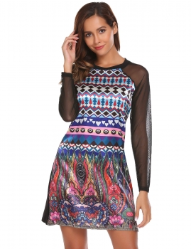 

Black Vintage Long Raglan Sleeve Knee Length Print Satin Patchwork A-Line Dress, Multicolor