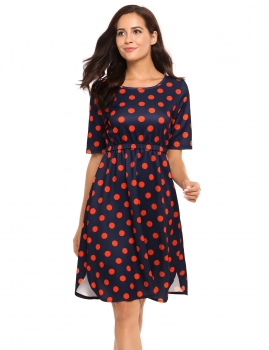

Dark blue Short Sleeve Dot Knee Length High Waist Slim Dress, Multicolor